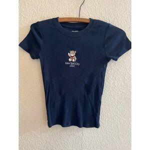 Hollister Ribbed Navy Baby Tee Teddy Bear Embroidery Women’s Size XS